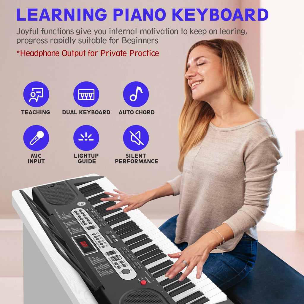 Redsmile 61 Key Piano Keyboard with Lighted Keys Stand Bench Microphone Headphone and Built-in Speakers for Beginners, Black