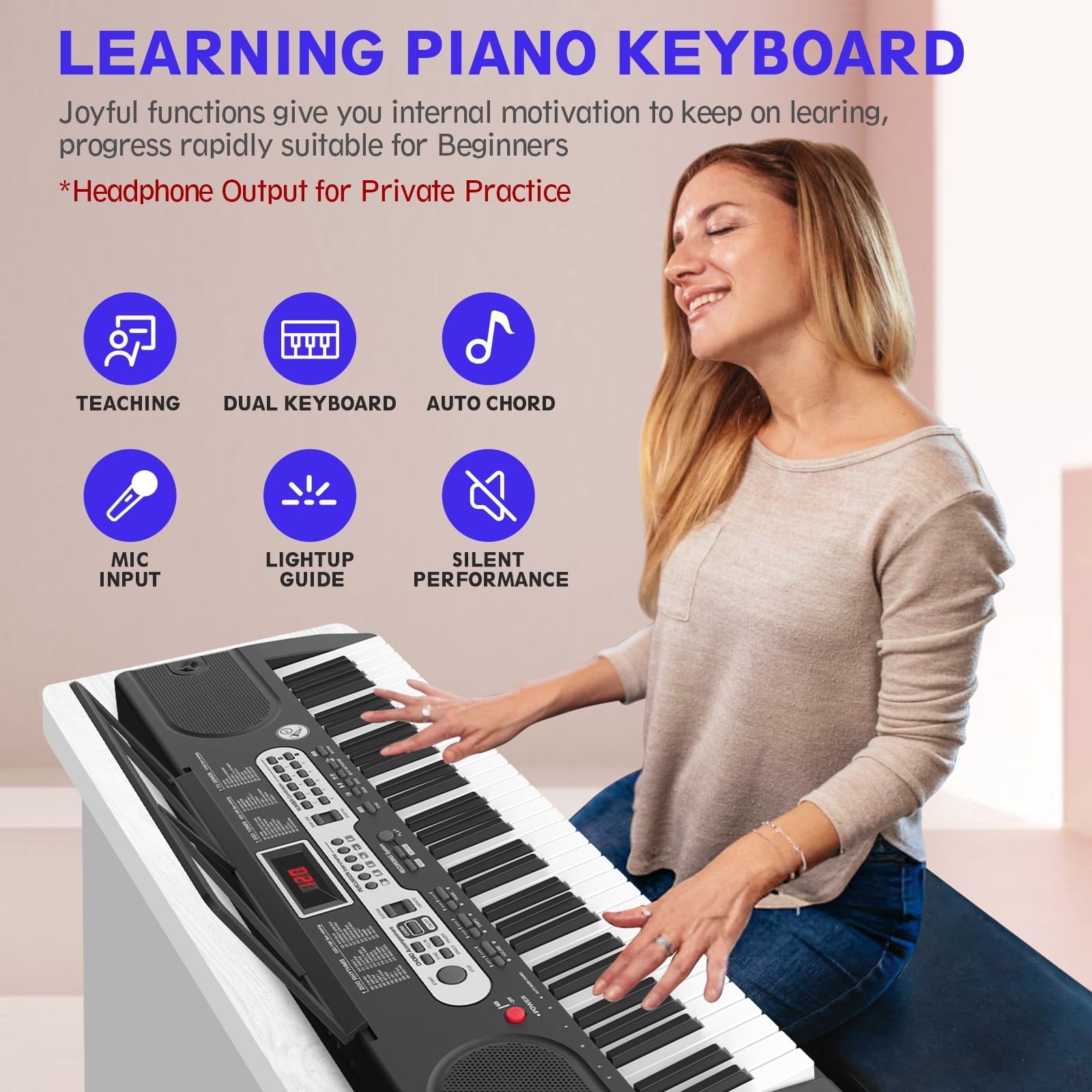 Redsmile 61 Key Piano Keyboard with Lighted Keys Stand Bench Microphone Headphone and Built-in Speakers for Beginners, Black