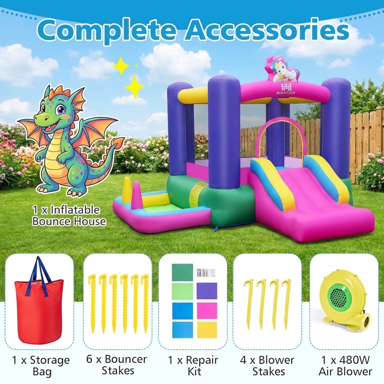 Redsmile 6-in-1 Bouncy Castle Inflatable Bounce House with Slide and Ball Pit with 480W Blower - Multicolor
