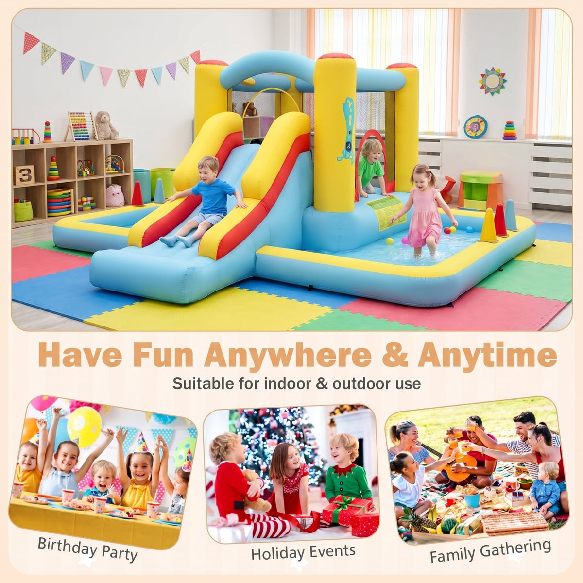 Redsmile Inflatable Bounce House 7-in-1 Bouncy Castle with Slide and Tunnel without Blower