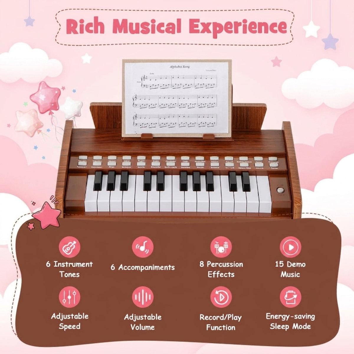 Redsmile 25 Key Kids Piano Keyboard with Record Playback and Adjustable Speed for Beginners Ages 3 and Up, Brown