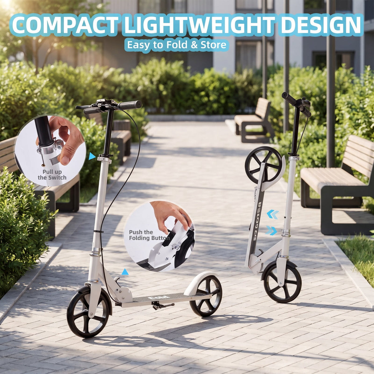 Redsmile Folding Kick Scooter with 8-Inch PU Wheels, 4-Level Adjustable Handlebar and Hand Brake for Everyday Riding, White