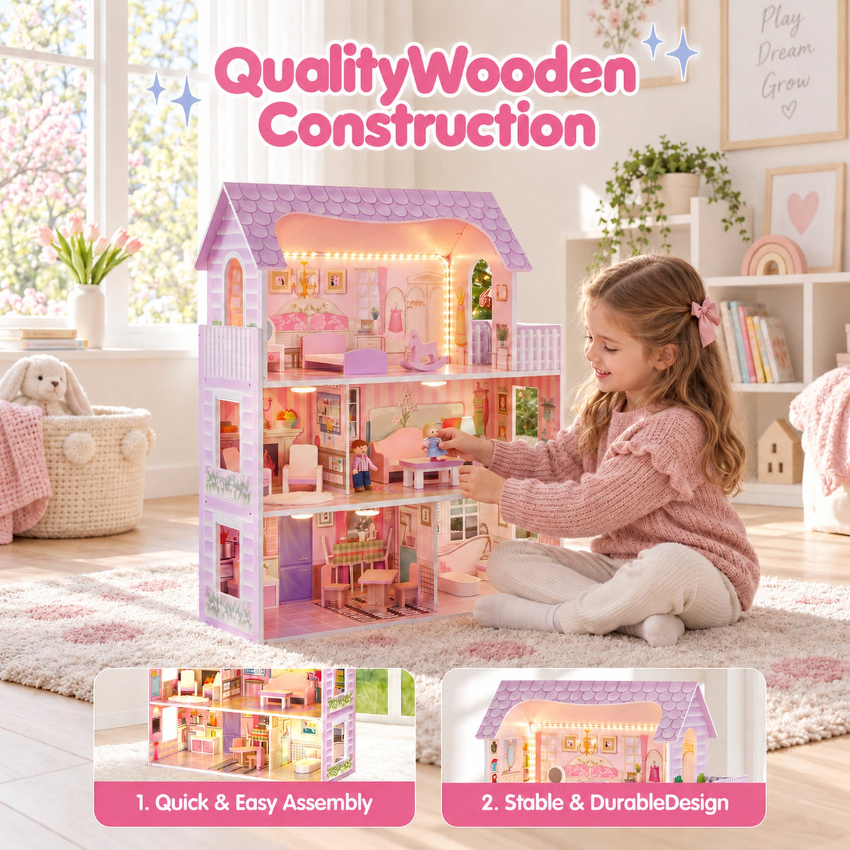 Redsmile Wooden Dollhouse with warm LED Lights, 3-Story Pretend Play Doll House with 16 Furniture and Accessories, DIY Princess Playhouse, Creative Gift for Girls