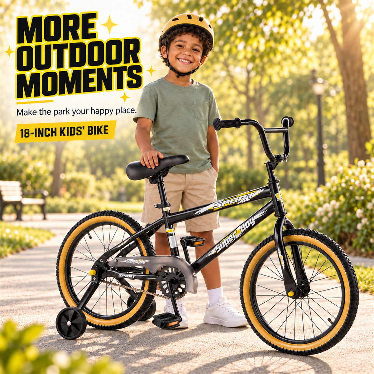 Redsmile 18 Inch Kids Bike with Training Wheels, Boys Bicycle, Ages 3-8, Black/Yellow