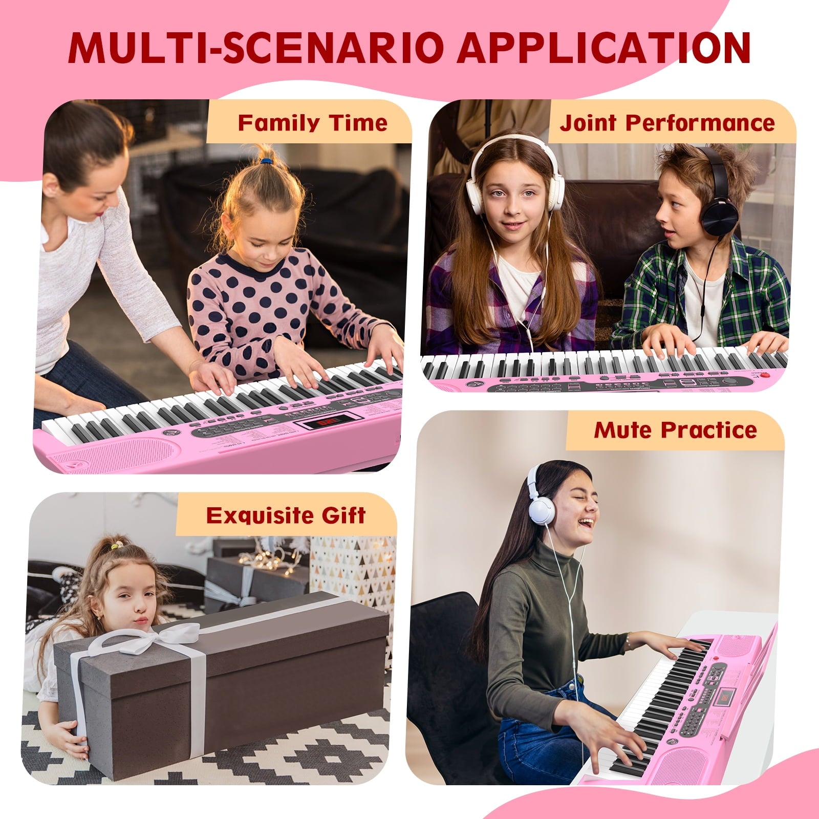 Redsmile 61 Key Piano Keyboard with Lighted Keys Stand Bench Microphone Headphone and Built-in Speakers for Beginners, Pink