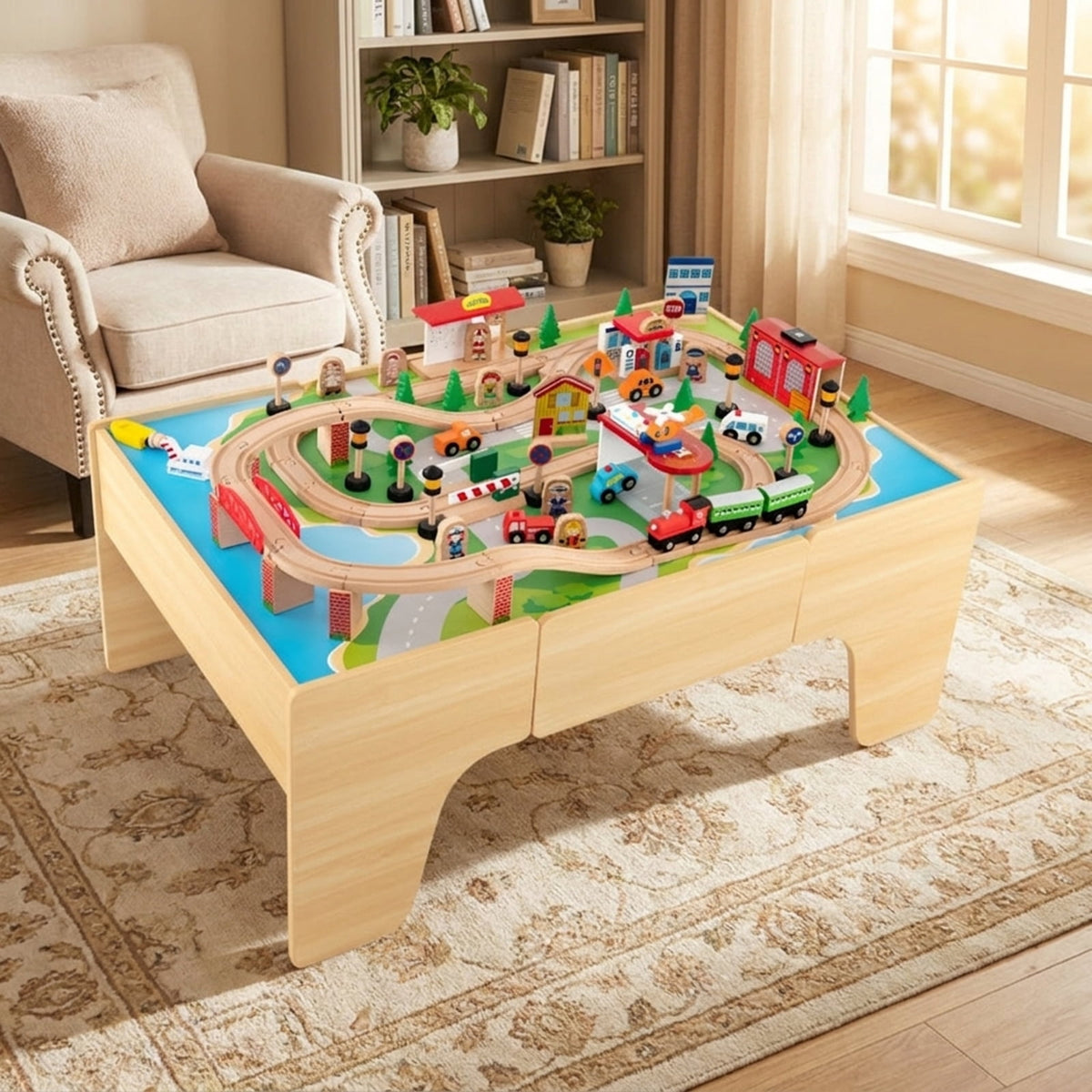 Redsmile 84-Piece Wooden Train Set with Reversible Tabletop and Storage Drawer, Train Set for Kids, Toy Train Set, Train Table with Storage for Toddlers Boys Girls, Christmas Gift, Natural