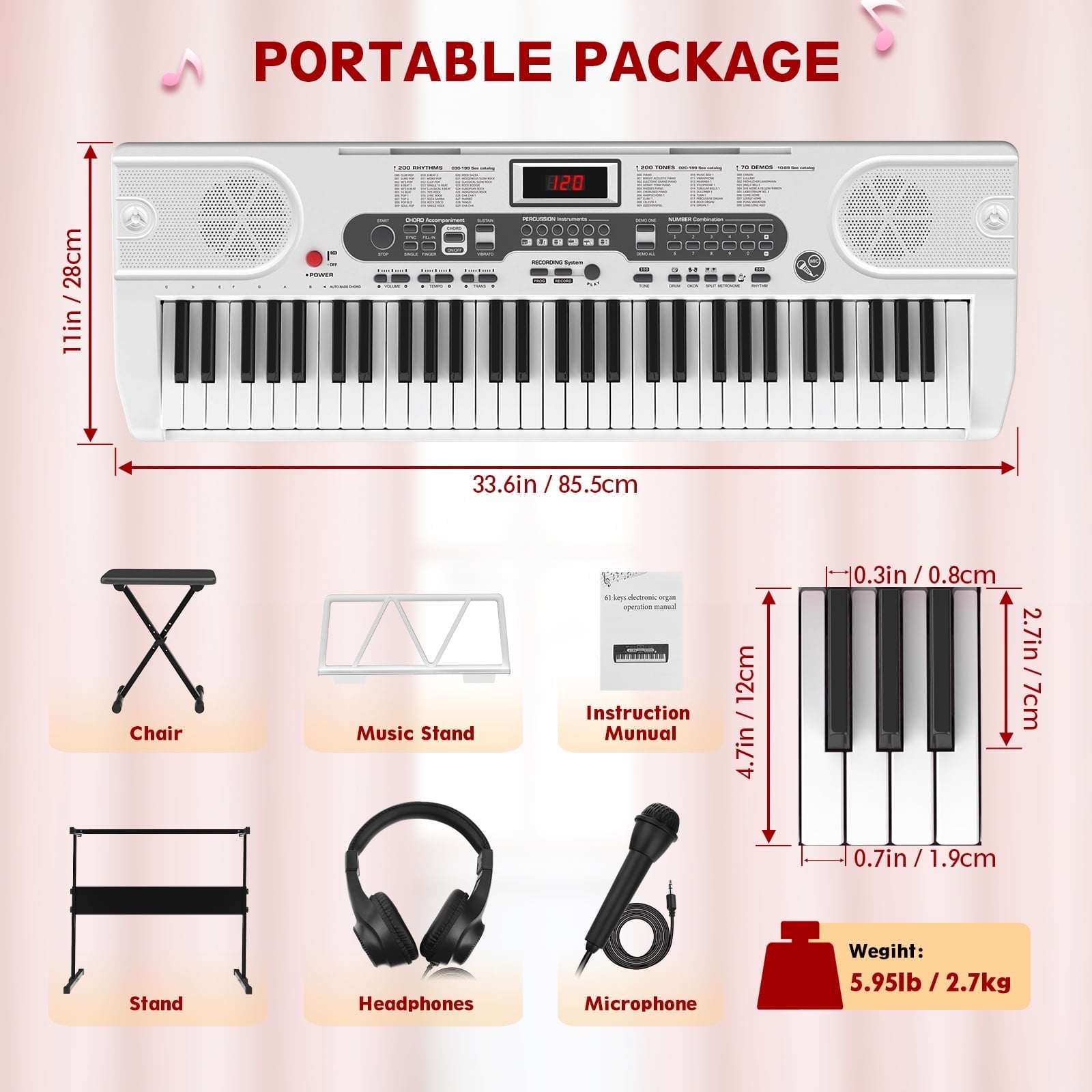 Redsmile 61 Key Piano Keyboard with Lighted Keys Stand Bench Microphone Headphone and Built-in Speakers for Beginners, White