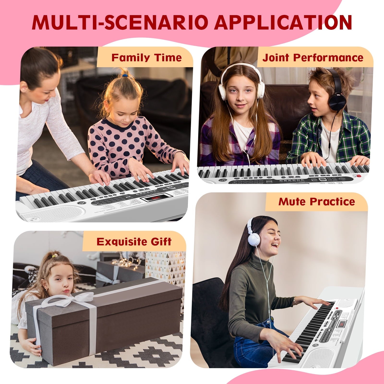 Redsmile 61 Key Piano Keyboard with Lighted Keys Stand Bench Microphone Headphone and Built-in Speakers for Beginners, White