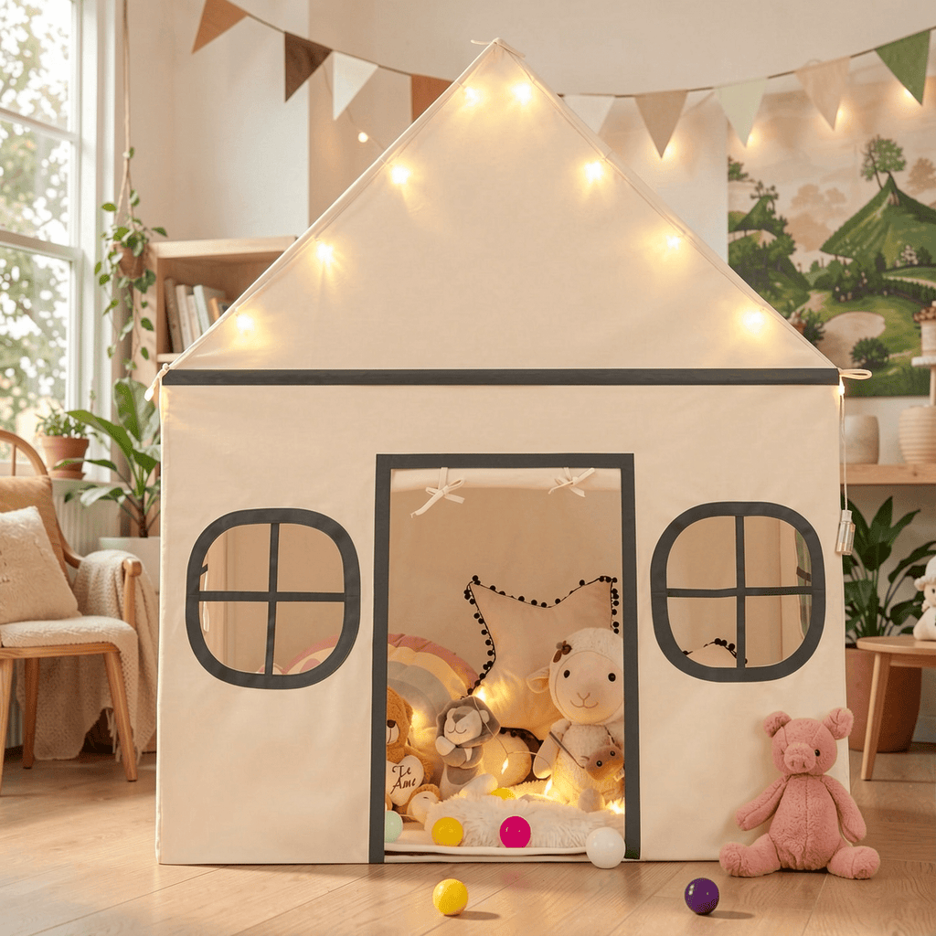 Redsmile Kids Play Tent Large Playhouse for Indoor Outdoor with Star Lights Door Curtain and Windows,Children Tent Play Equipment Gift for Girls Boys,Beige