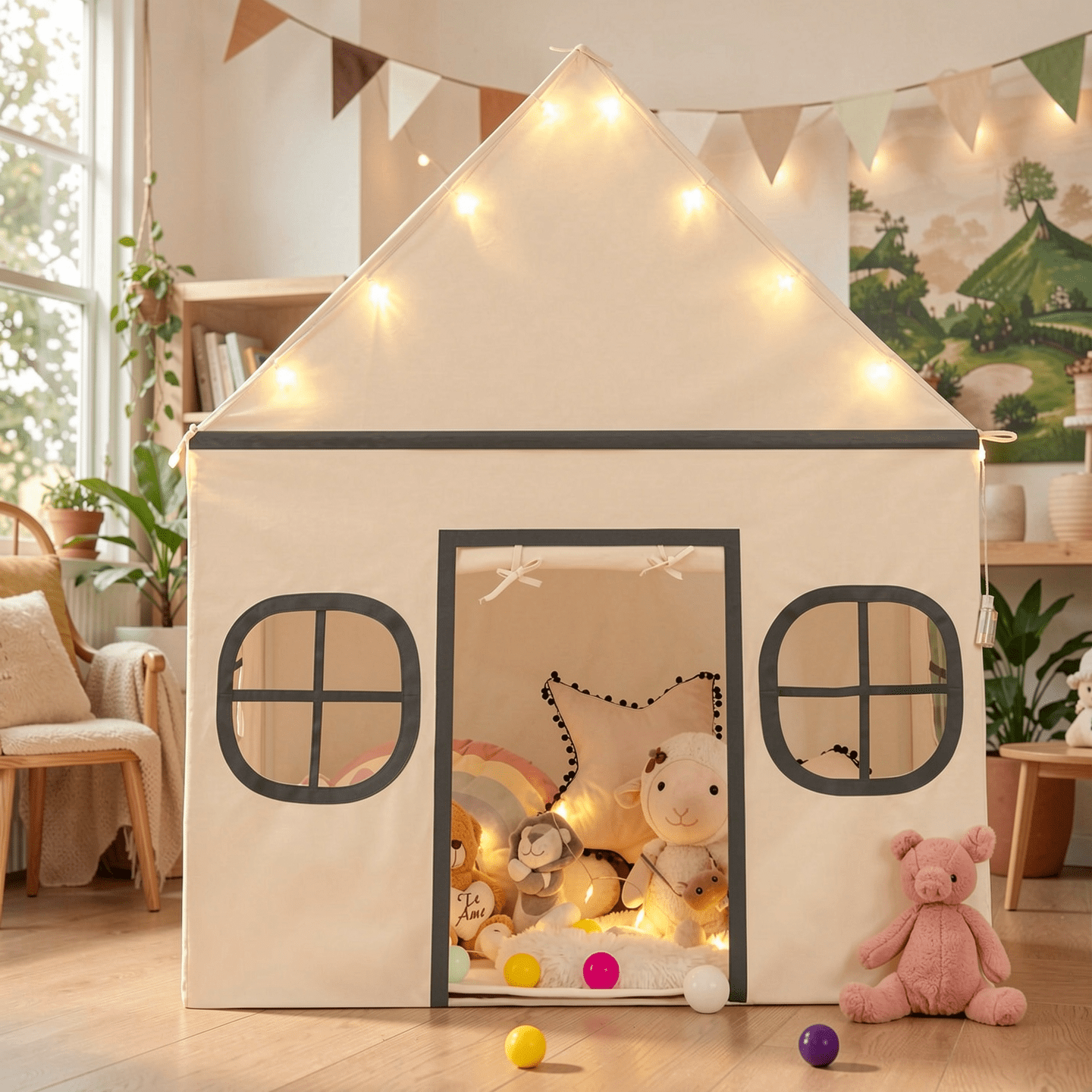 Redsmile Kids Play Tent Large Playhouse for Indoor Outdoor with Star Lights Door Curtain and Windows,Children Tent Play Equipment Gift for Girls Boys,Beige