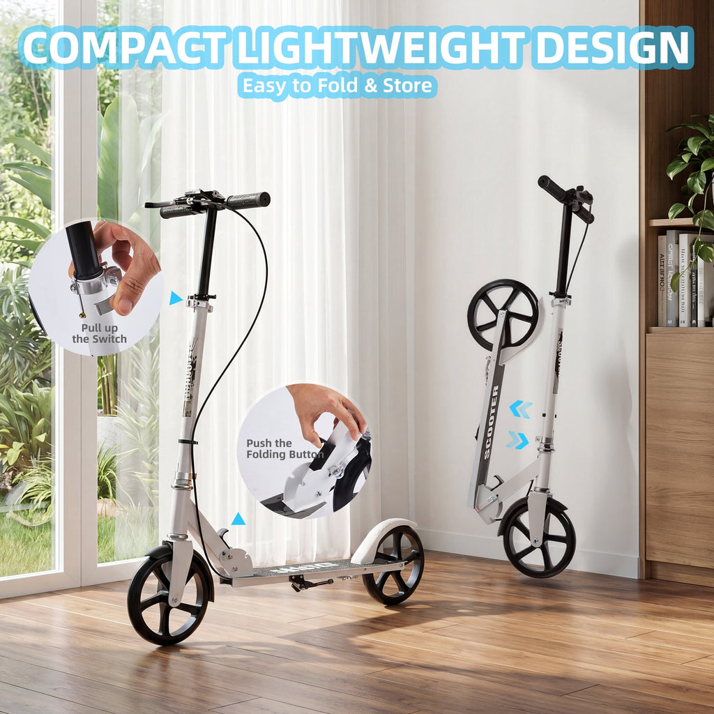 Redsmile Kick Scooter with 3 Adjustable Levels,Folding Commuter Scooter with Dual Brakes and 8 Inch Big Wheels for Teens and Adults,White