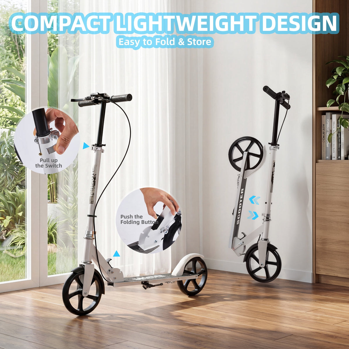 Redsmile Kick Scooter with 3 Adjustable Levels,Folding Commuter Scooter with Dual Brakes and 8 Inch Big Wheels for Teens and Adults,White