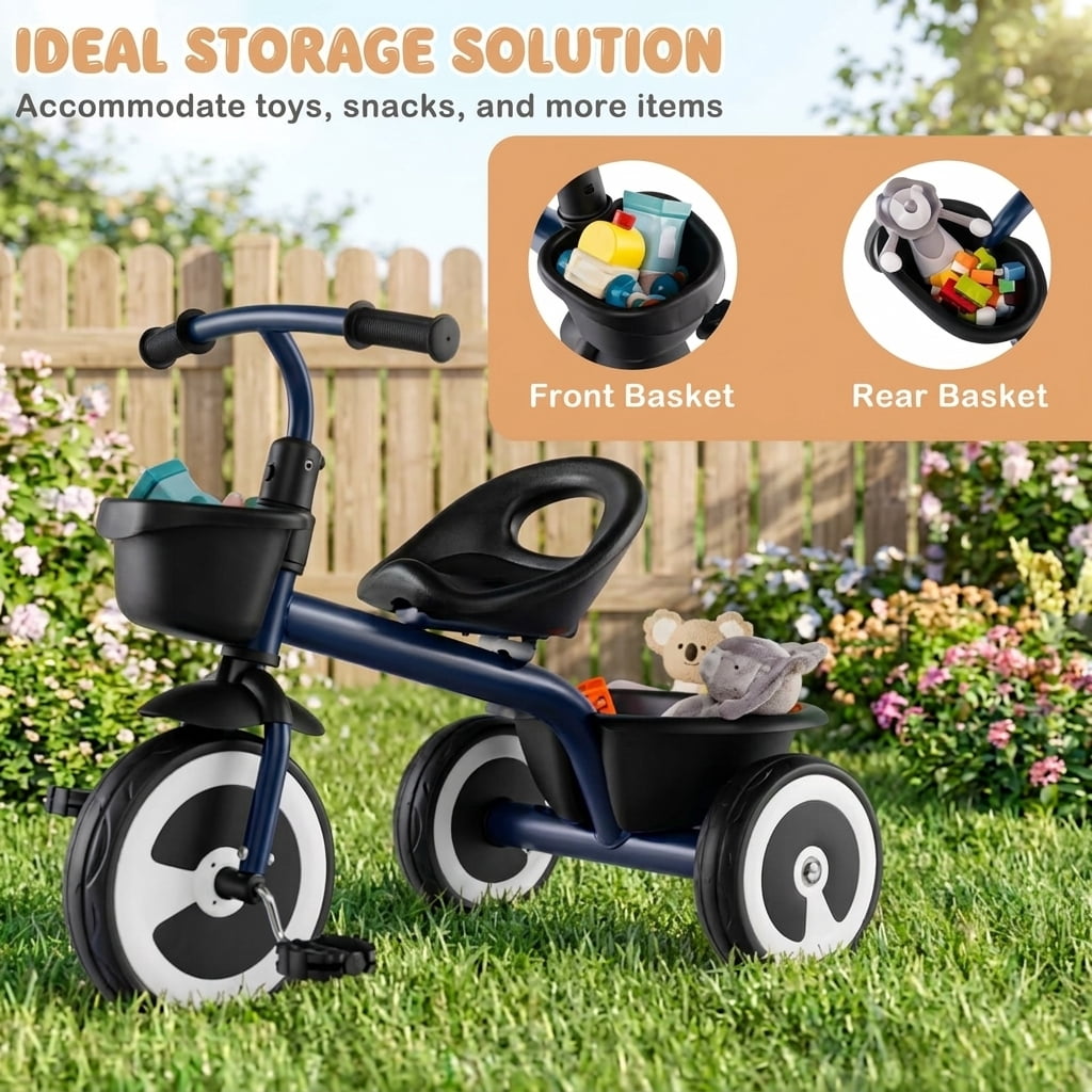 Redsmile Toddler Tricycle for 1.5-5 Year Olds, Kids Trike with Adjustable Seat and Storage Baskets, First Tricycle, Blue