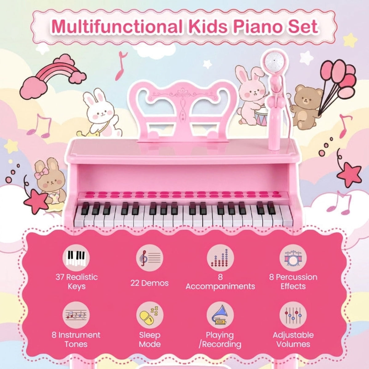 Redsmile 37-Key Kids Piano Keyboard with Microphone and Stool for Toddlers and Beginners Ages 3 and Up, Pink