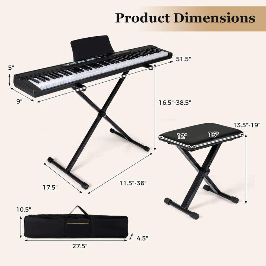 Redsmile 88-Key Electric Keyboard Piano with Adjustable Stand, Stool, Sustain Pedal and Carrying Bag, Full-Size Digital Piano Set for Beginners, Black