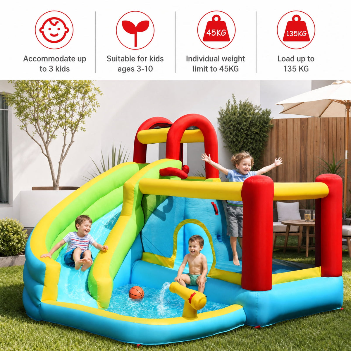 Redsmile 6-in-1 Inflatable Bounce House with Slide, Climbing Wall and Basketball Hoop, Backyard Water Slide for Kids, Splash Pool with Sprinkler for Boys Girls (Without Blower)