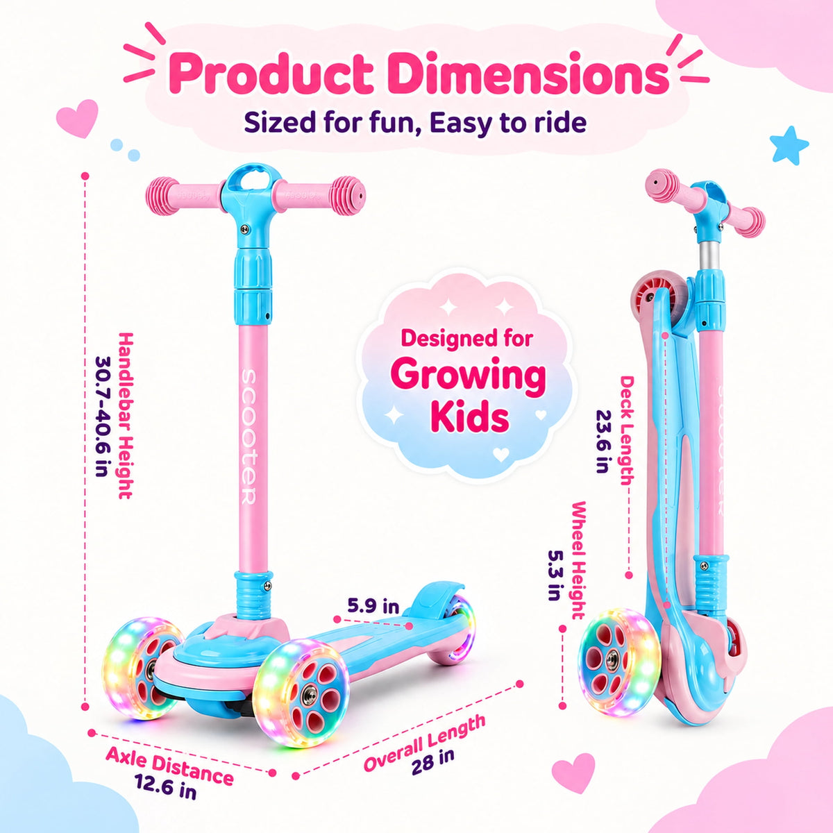 Redsmile Kids 3-Wheel Folding Kick Scooter with Light-Up Wheels, Pink and Blue
