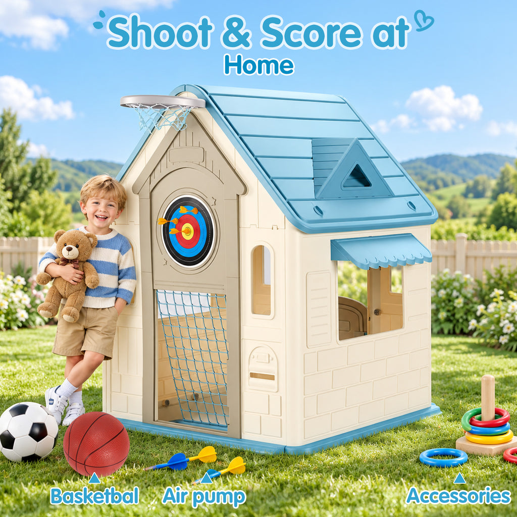 Redsmile Playhouse with Basketball Hoop,Soccer Goal,Dartboard,Ring Toss Game and DIY Stickers,Activity Center Game House for Indoor Outdoor,Gift for Girls Boys