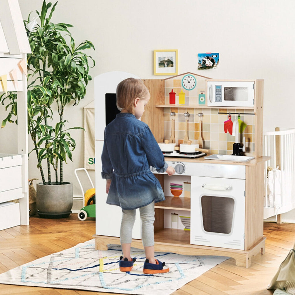 Redsmile Play Kitchen,Wooden Kids Kitchen Playset with Ice Maker,Oven,Realistic Lights and Sounds,Pretend Play Toy Kitchen,Gift for Girls Boys Ages 3-10,White