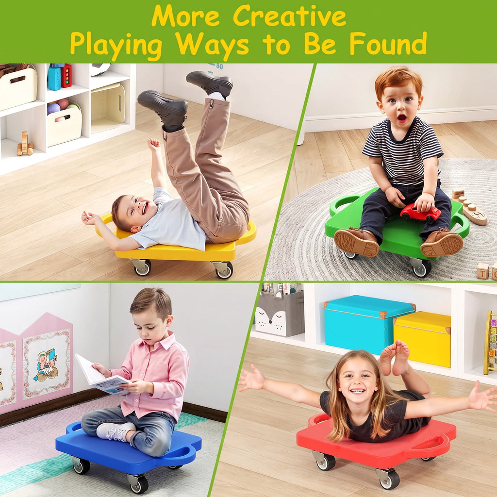 Redsmile 4-Pack Sitting Scooter Boards with Handles and Swivel Wheels, Indoor Active Play Set in Red, Yellow, Blue and Green