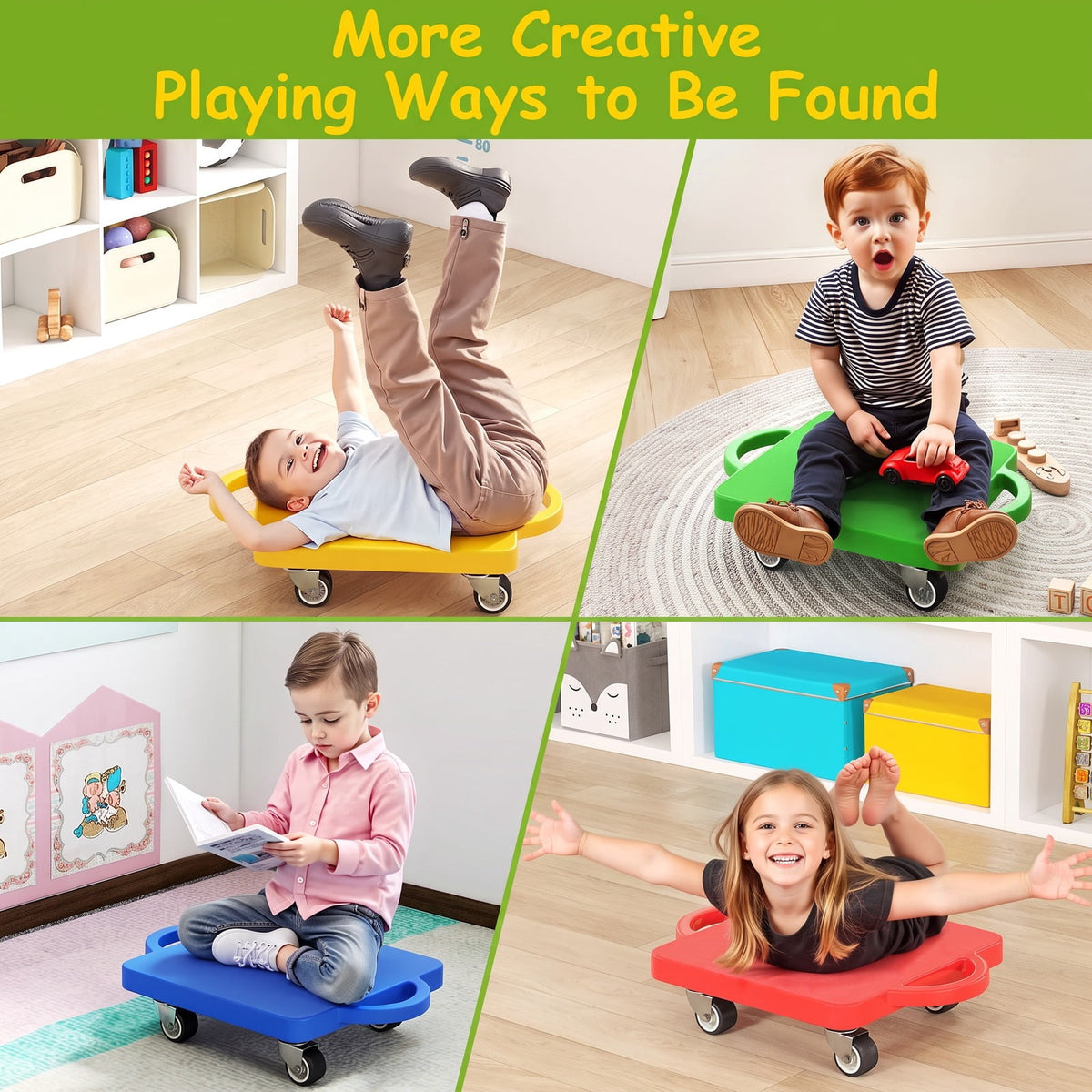 Redsmile 4-Pack Sitting Scooter Boards with Handles and Swivel Wheels, Indoor Active Play Set in Red, Yellow, Blue and Green