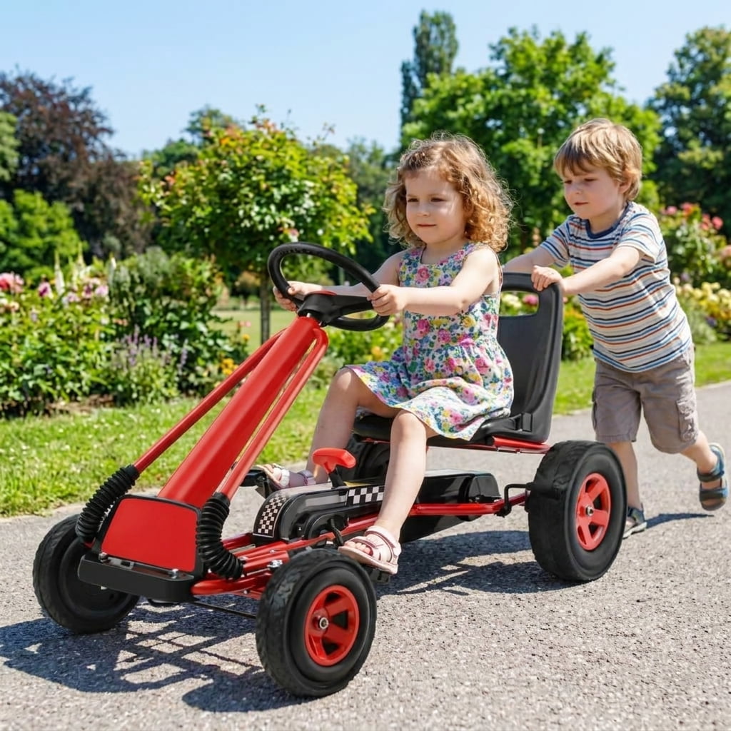 Redsmile Kids Ride On Pedal Go Kart, 4 Wheel Pedal Powered Racer Car for Kids Ages 3 and Up, Outdoor Ride On Toy with Rubber Tires and 66 lbs Capacity, Adjustable Kids Go Kart, Red