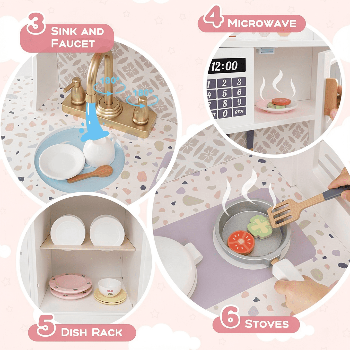 Redsmile Play Kitchen,Wooden Kids Kitchen Playset with Coffee Maker and Accessories,Pretend Play Toy with Realistic Lights and Sounds,Gift for Girls Boys Ages 3-10,White