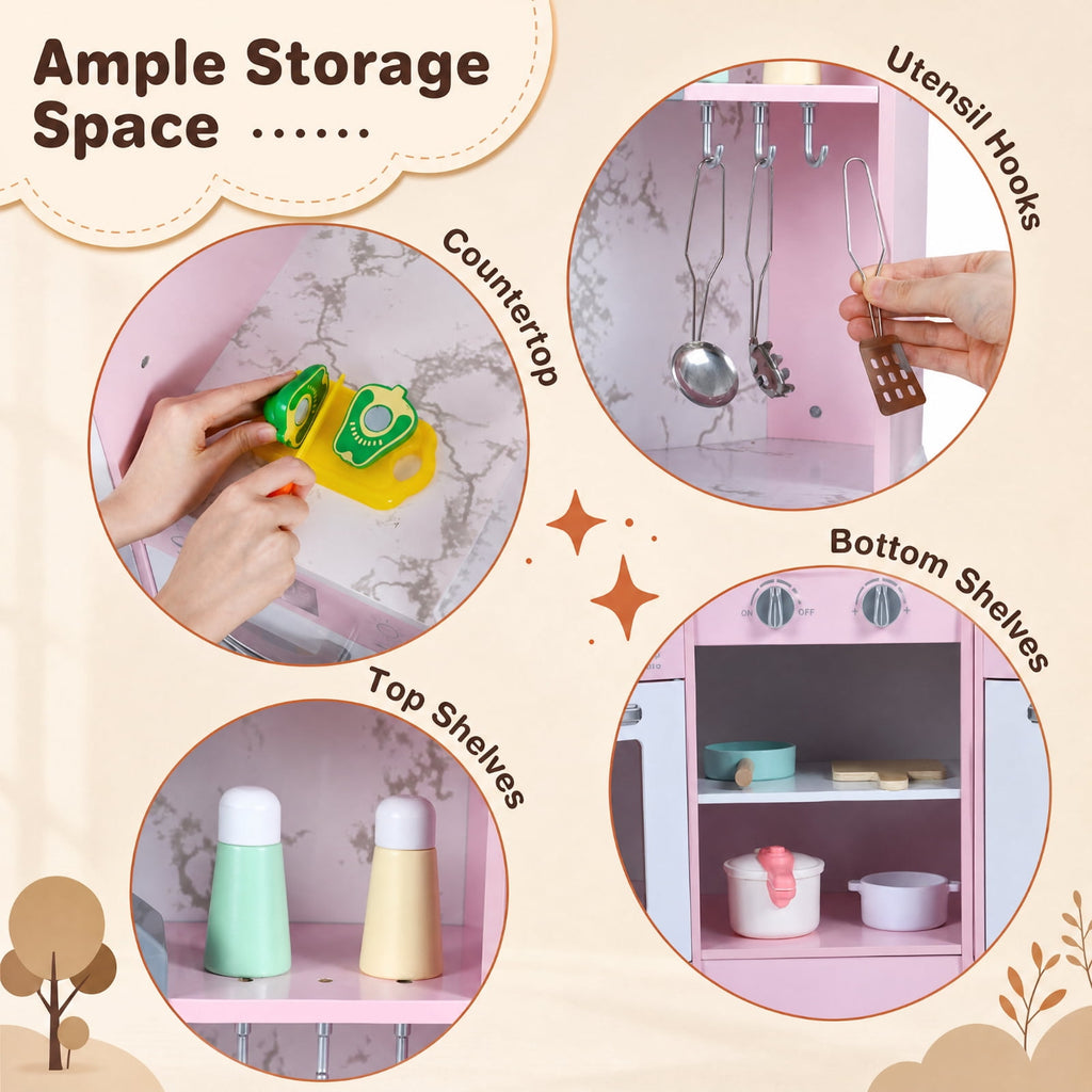 Redsmile Kids Corner Play Kitchen Set for Toddlers 3+ Years, Pretend Play Kitchen with Separated Washing Basin, Rotary Faucet, Sound and Light Range Hood, Chalkboard and 14 Accessories, Pink