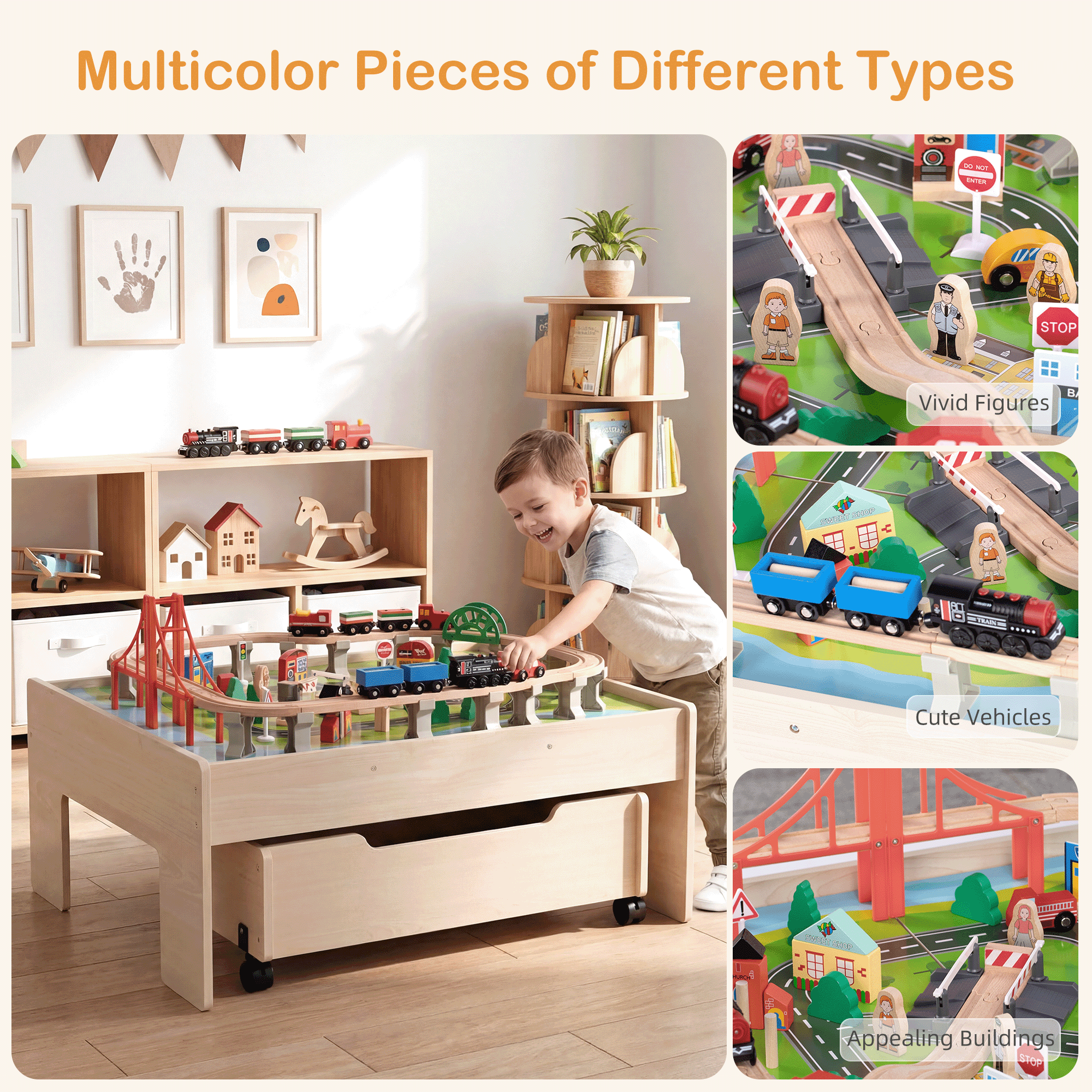 Redsmile Train Table with Electric Train,100 Pcs Multicolor Wooden Kids Activity Table with Rolling Storage Drawer for Gaming, Drawing, Reading,Creative Toy Set for Boys and Girls
