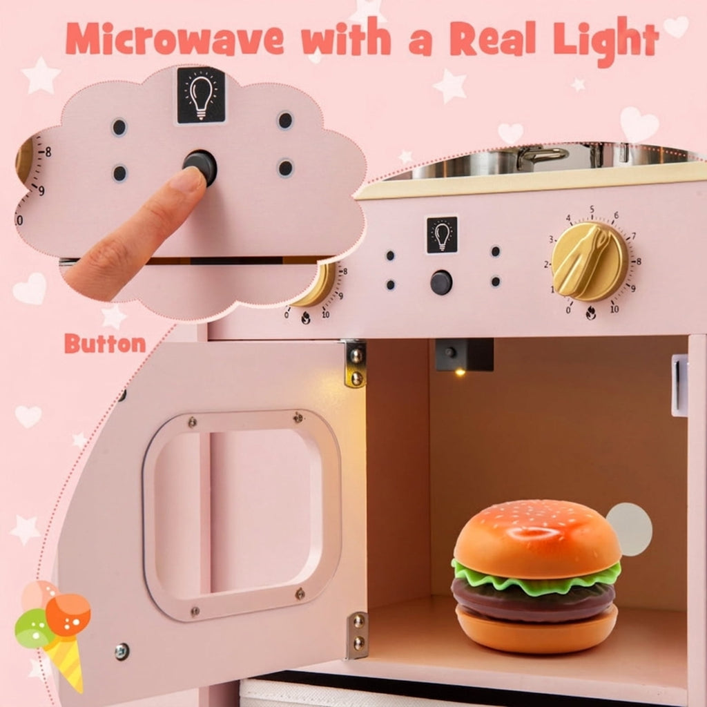 Redsmile Wooden Play Kitchen for Kids, Deluxe Pretend Kitchen with Lighted Microwave Ice Maker and Chalkboard, Toddler Kitchen Toy, Pink