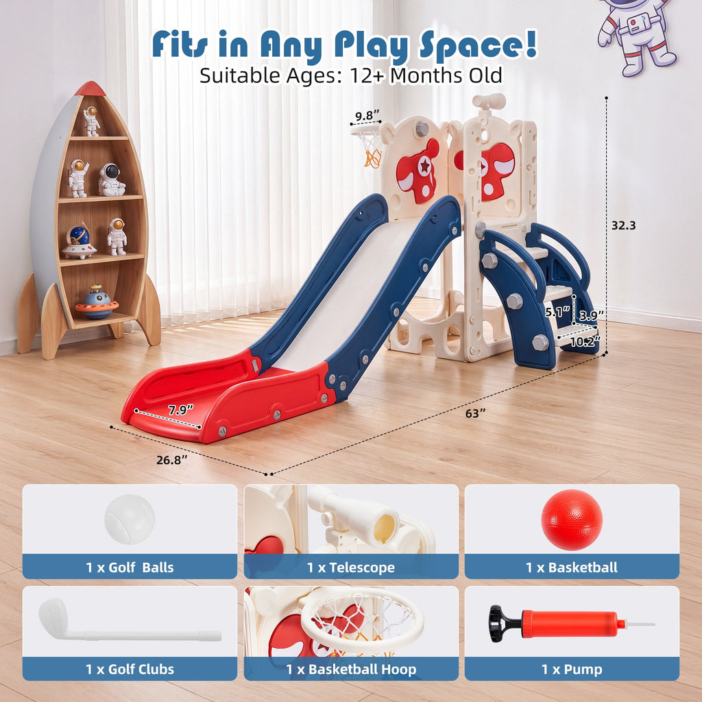 Redsmile 7-in-1 Toddler Slide with Climber and Basketball Hoop, Foldable Indoor Outdoor Kids Slide Playset with Golf Set