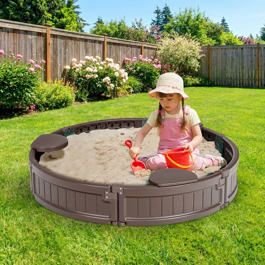 Redsmile Sandbox with Built-in Corner Seat and Cover - Brown - Outdoor Play - Garden Toy - Backyard Fun