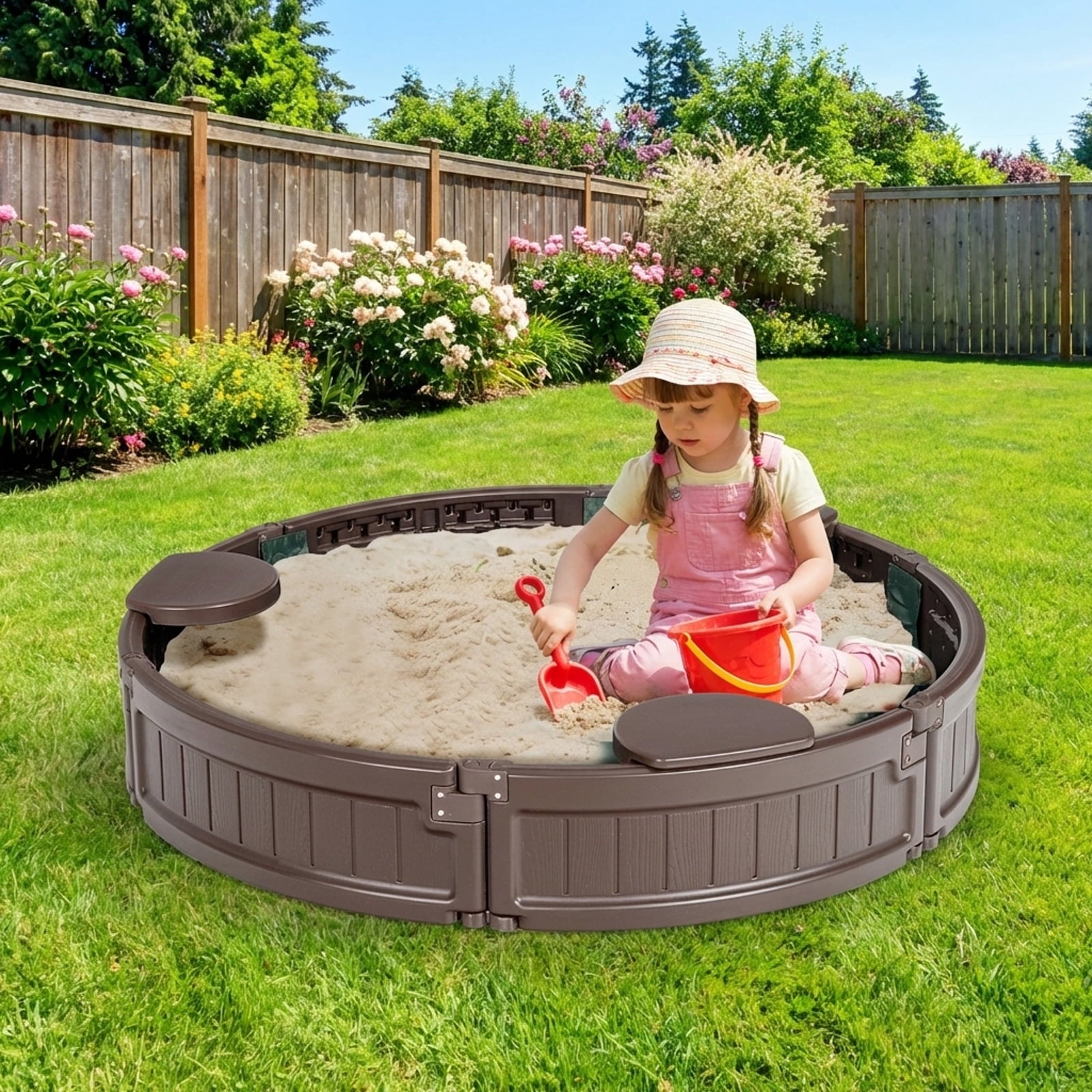 Redsmile Sandbox with Built-in Corner Seat and Cover - Brown - Outdoor Play - Garden Toy - Backyard Fun