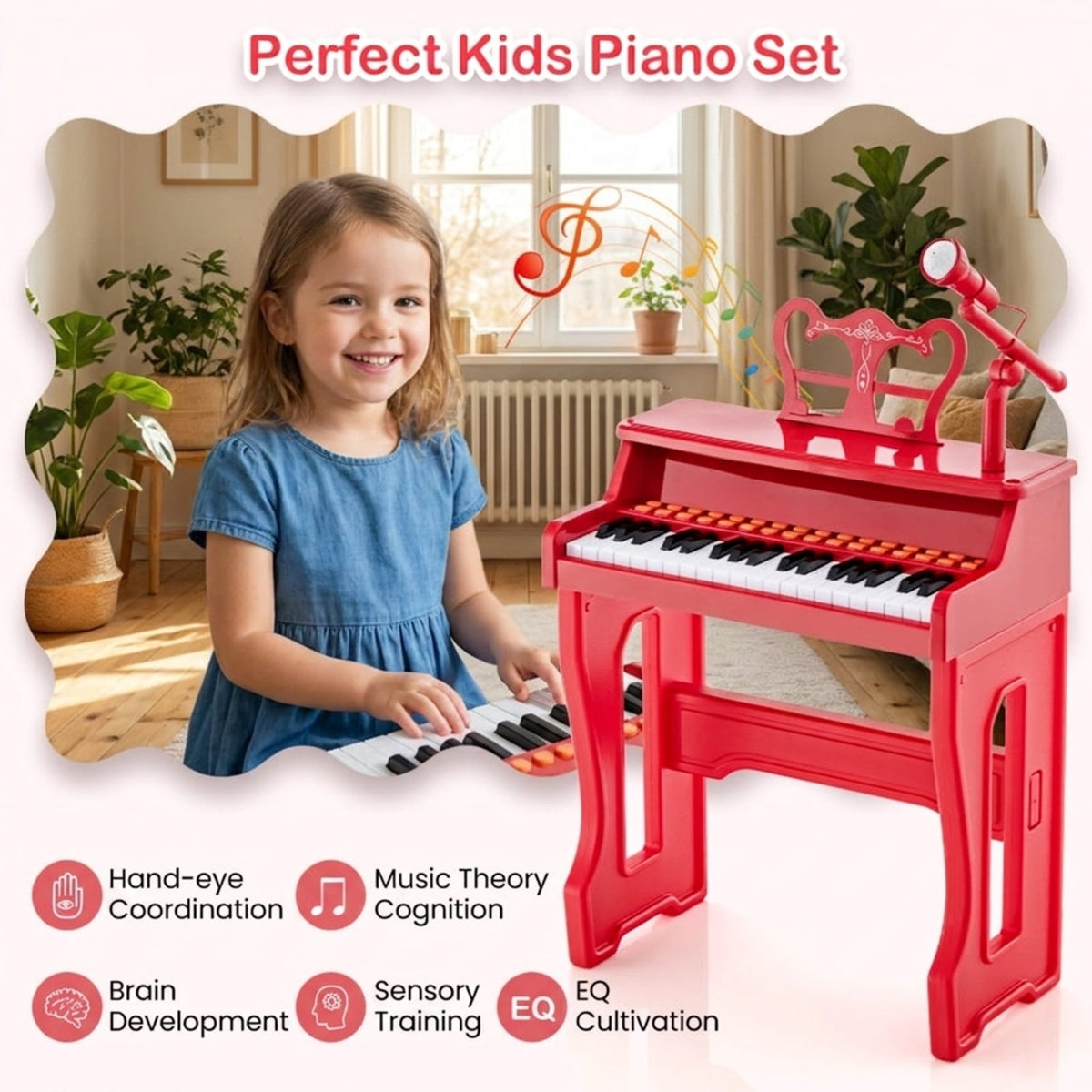 Redsmile 37-Key Kids Piano Keyboard with Microphone and Stool for Toddlers and Beginners Ages 3 and Up, Red