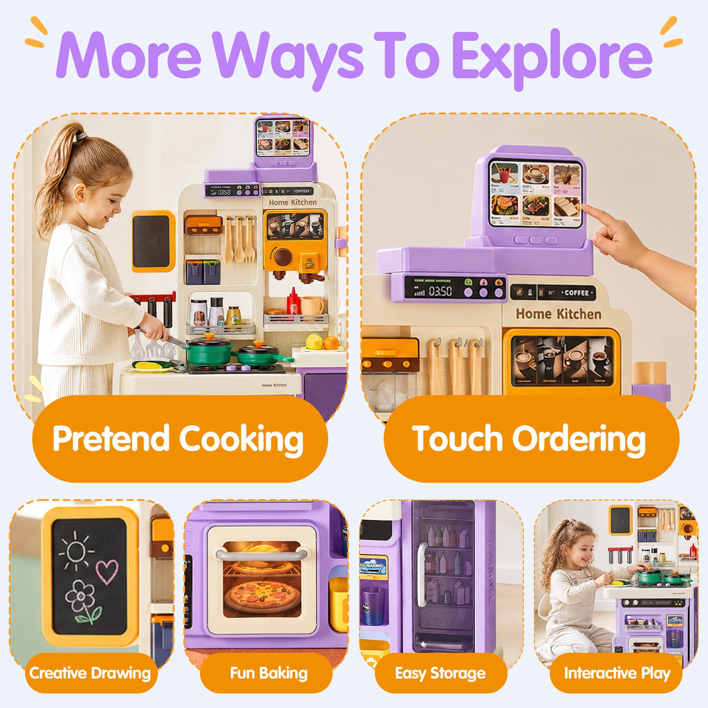 Redsmile Play Kitchen Set with Interactive Menu, Steam Stove, Ice Coffee Maker, Lights, Sounds Music, Apron Set and Food Cards,Pretend Play Toys Gifts for Kids,Purple