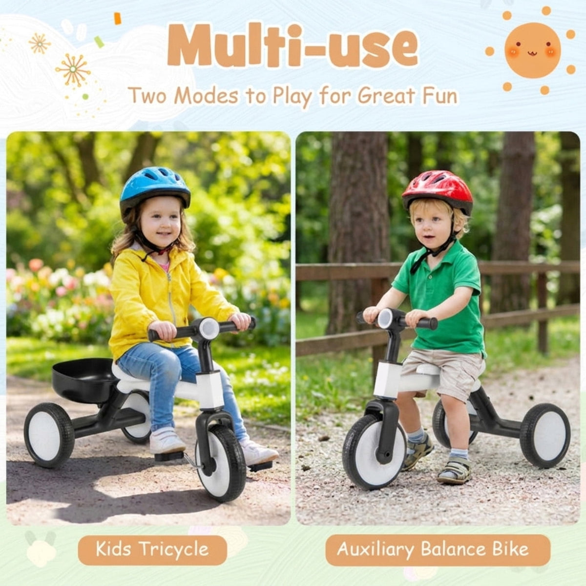 Redsmile Toddler Tricycle for 2-4 Year Olds, Convertible Trike with 86 Degree Limited Steering and Storage Basket, Kids First Trike, White