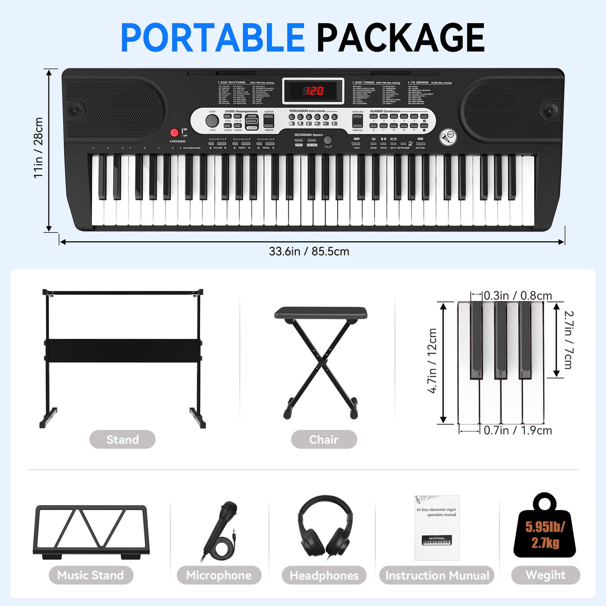 Redsmile 61-Key Piano Keyboard with Lighted Keys, Stand, Bench, Microphone, Headphone, Electronic Keyboard Piano Set, Black