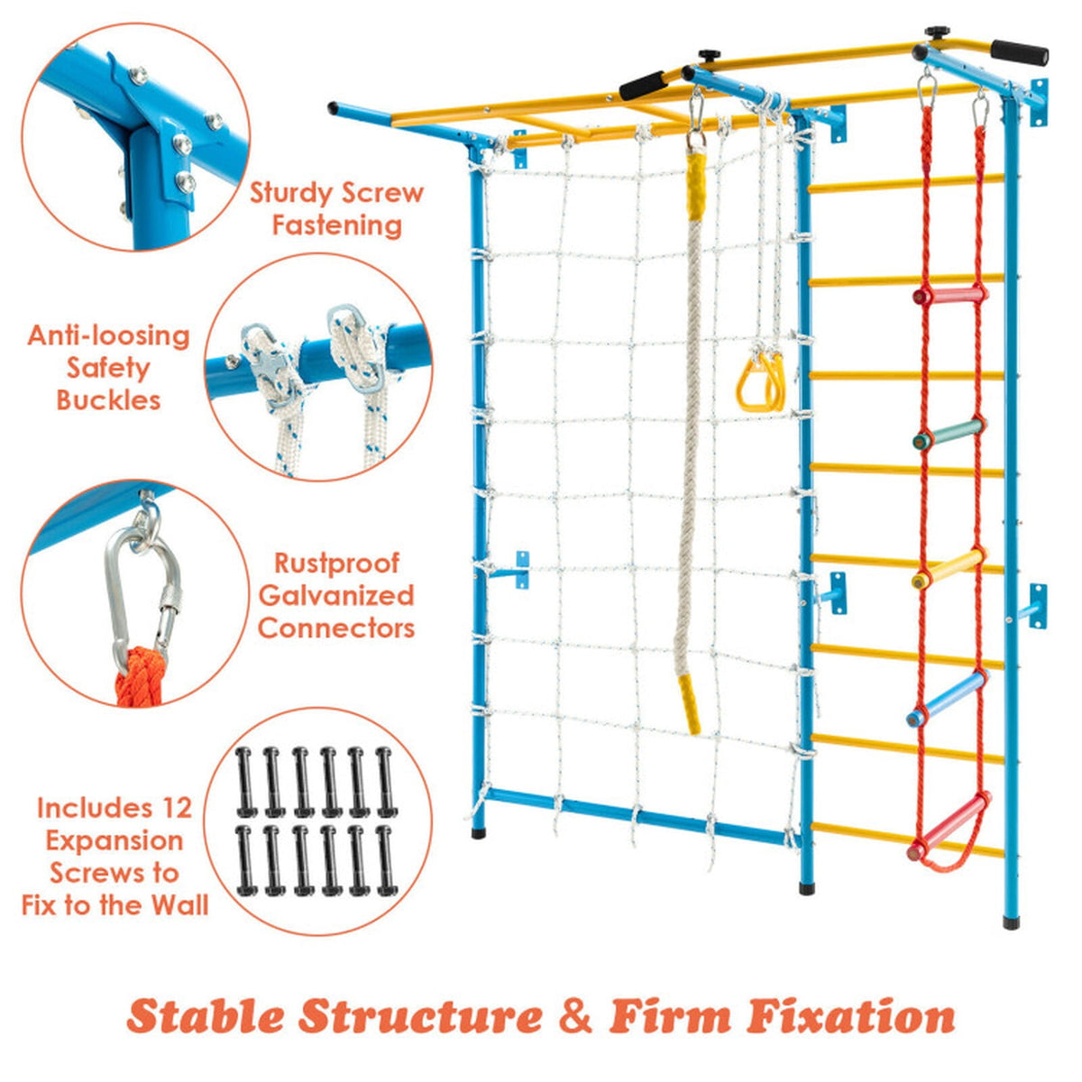 Redsmile Indoor Gym for Kids, 7-in-1 Swedish Wall Climbing Set with Pull-Up Bar and Ladder, Wall-Mounted Home Playground, Yellow