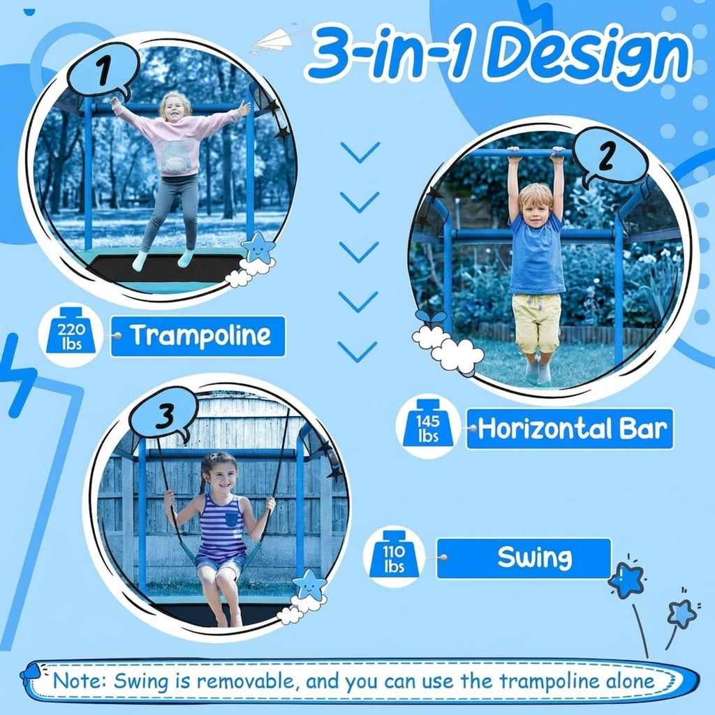 Redsmile 6 Feet Rectangle Trampoline with Swing Horizontal Bar and Safety Net-Orange - Premium PE Safety Enclosure for Kids Outdoor Play