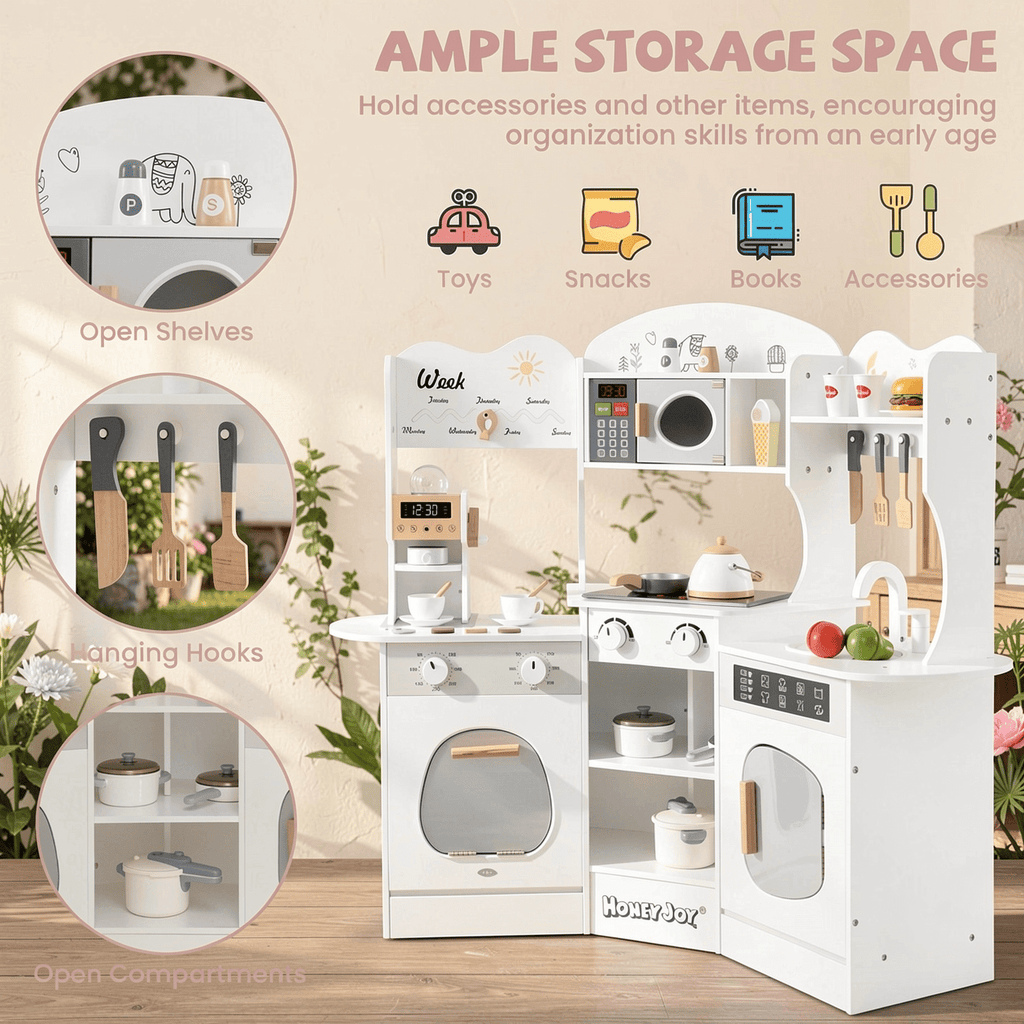 Redsmile Play Kitchen,Wooden Kids Corner Kitchen Playset with Coffee Maker and Slide,Pretend Play Toy with Realistic Lights and Sounds,Gift for Boys Girls Age 3-10,White