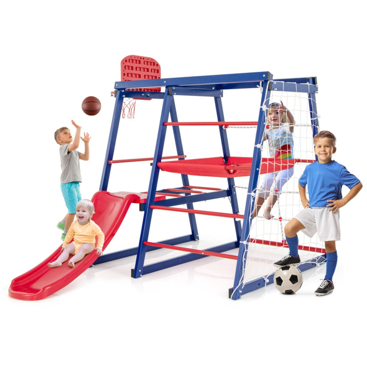 Redsmile 7-in-1 Metal Toddler Climbing Toys for Ages 3-7, Kids Indoor Playground Jungle Gym with Slide, Climbing Net and Rope Ladder, Montessori Climber, Christmas Gift, Red and Blue