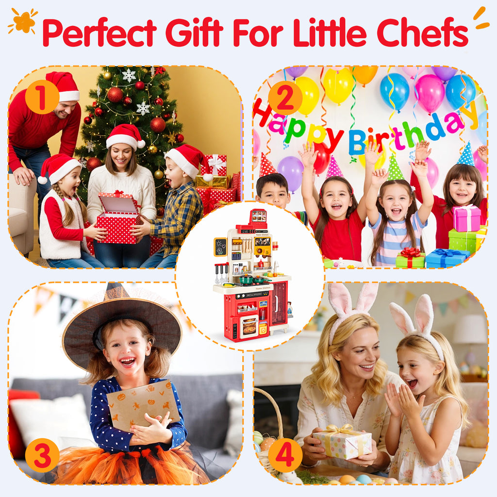 Redsmile Play Kitchen Set with Interactive Menu, Steam Stove, Ice Coffee Maker, Lights, Sounds Music, Apron Set and Food Cards,Pretend Play Toys Gifts for Kids,Red