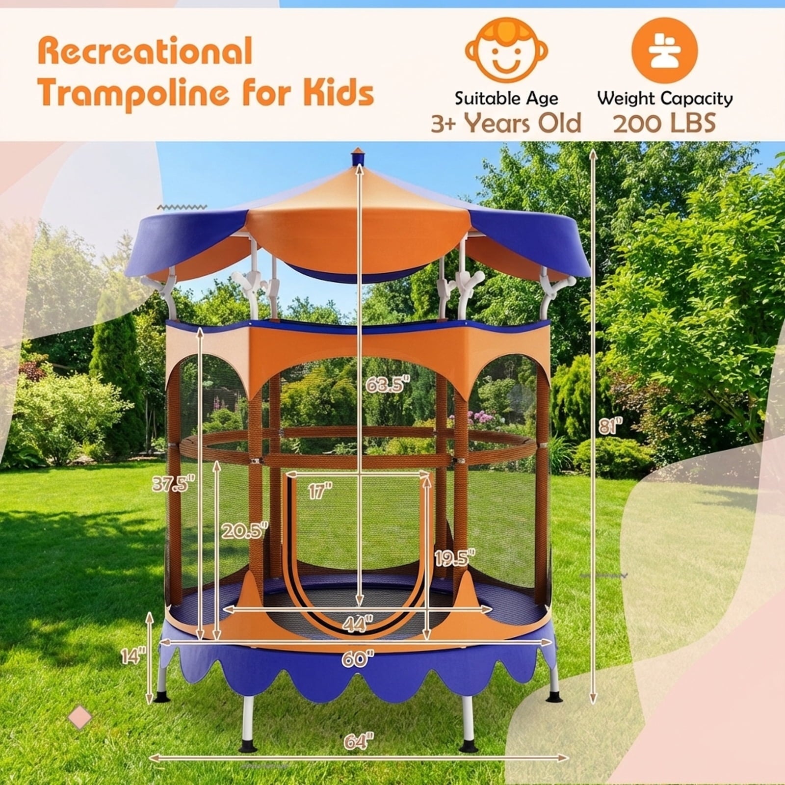 Redsmile 64 Inch Kids Trampoline with Detachable Canopy and Safety Enclosure Net-Orange - Premium PE Safety Enclosure for Kids Outdoor Play