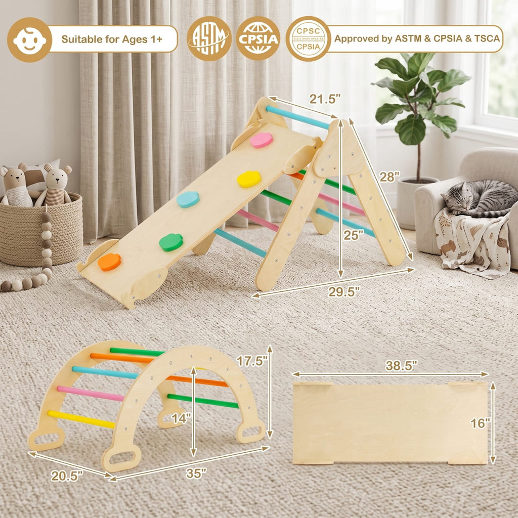 Redsmile 5-in-1 Wooden Kids Climber Toys with Triangle Arch Ramp for Kids Toddlers, Indoor Outdoor Playset for Boys and Girls 1+ Years Old, Multicolor
