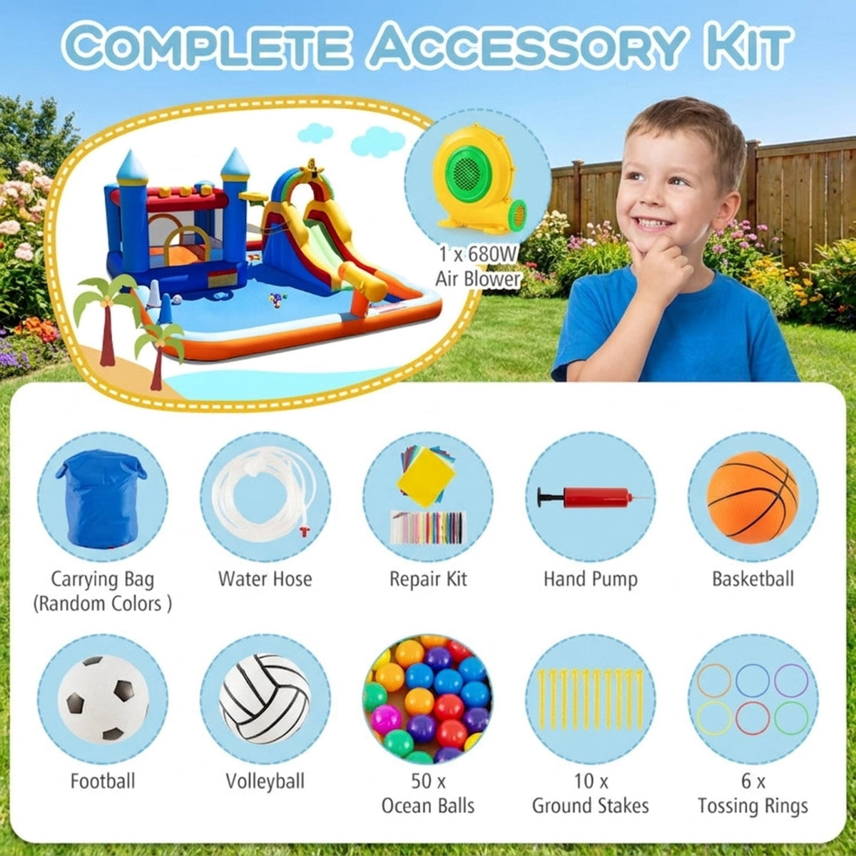 Redsmile Inflatable Water Slide Park Bouncy Castle with Climbing Wall, Backyard Water Slide with Splash Pool, Water Cannon and Basketball Rim for Kids Ages 3-12, with Blower