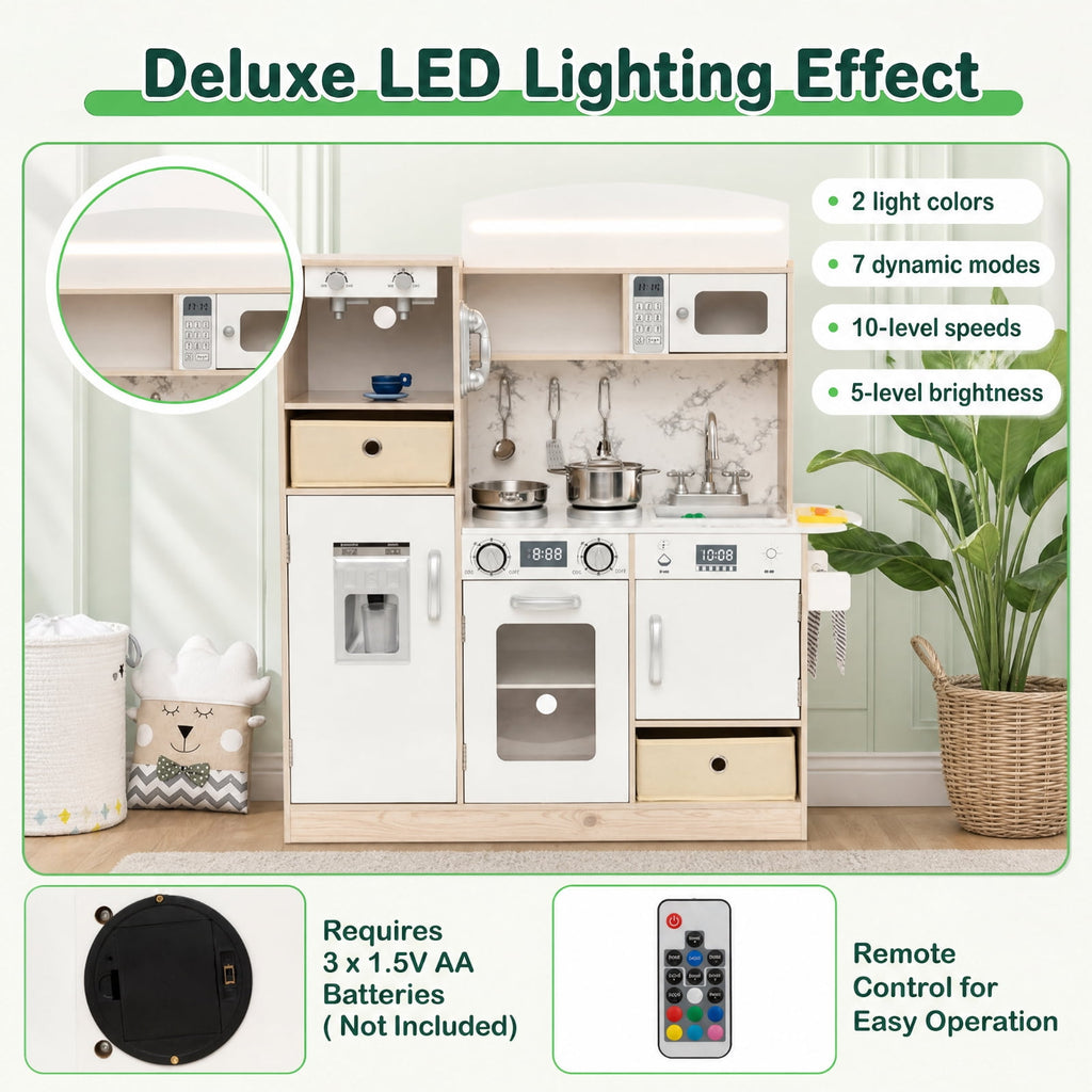 Redsmile Kids Play Kitchen Set for Toddlers 3+ Years, Pretend Play Kitchen Playset with Remote-Adjustable LED Lights, Working Coffee Maker, Ice Maker, Removable Fabric Bins and Sink, White