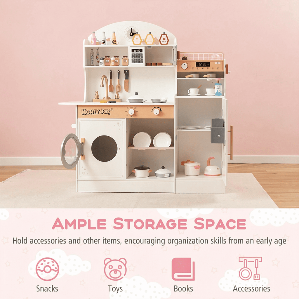 Redsmile Play Kitchen,Wooden Kids Kitchen Playset with Coffee Maker and Accessories,Pretend Play Toy with Realistic Lights and Sounds,Gift for Girls Boys Ages 3-10,White