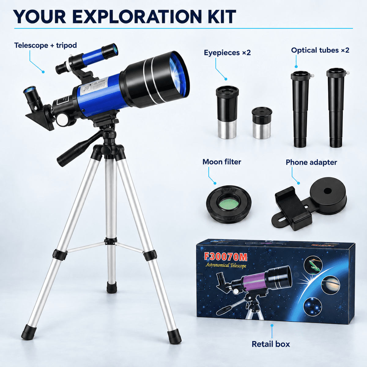 Redsmile Telescope for Kids and Adults, 70mm Aperture 300mm Refractor Telescope for Beginners, High Powered 20x to 150x, 3x Barlow, Phone Adapter, AZ Tripod, Portable Astronomy for Stargazing, Blue