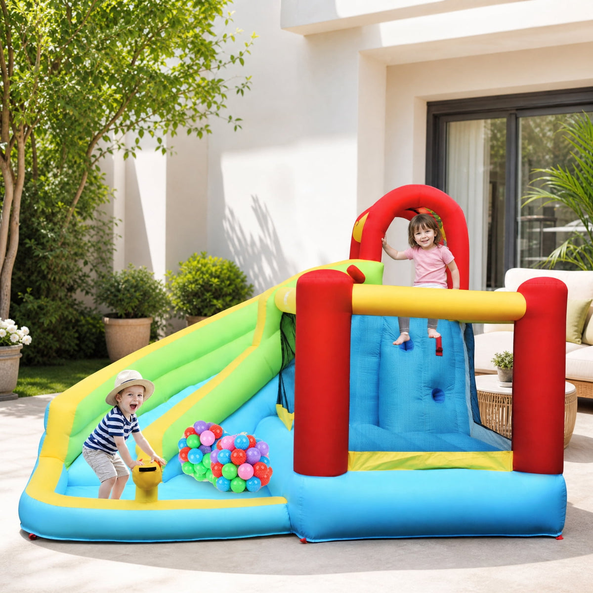 Redsmile 6-in-1 Inflatable Bounce House with 550W Blower, Backyard Water Slide with Climbing Wall, Basketball Hoop and Splash Pool for Kids, Wet Dry Outdoor Fun for Boys Girls
