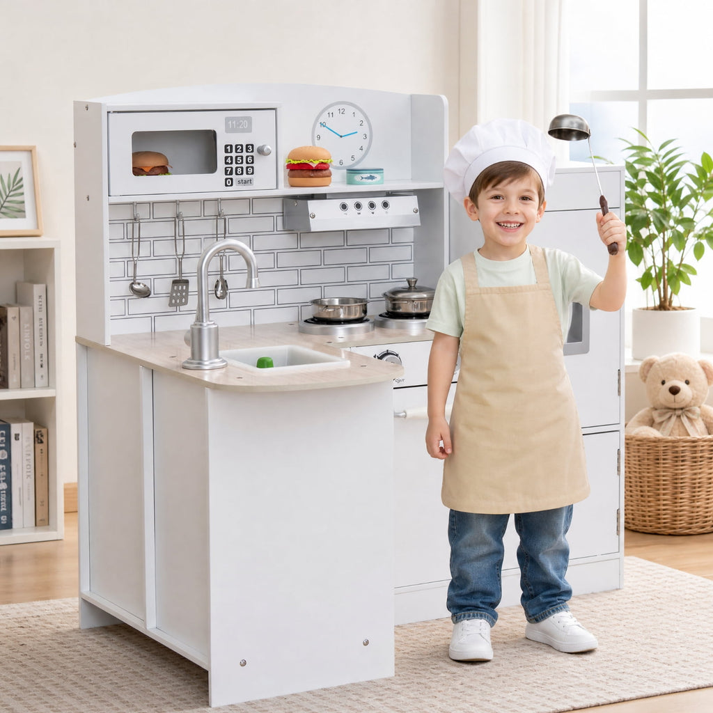 Redsmile Kids Play Kitchen Set for Toddlers 3+ Years, L-Shaped Corner Pretend Play Kitchen with Realistic Microwave, Oven, Stove, Water Dispenser, Range Hood and Side Refrigerator, White